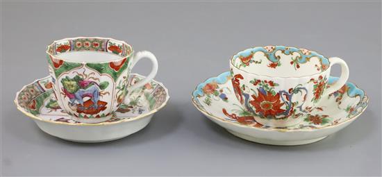 A Worcester Jabberwocky cup and saucer and a Dragon in Compartments coffee cup and saucer, c.1770, H. cups 4.7 and 5.5cm